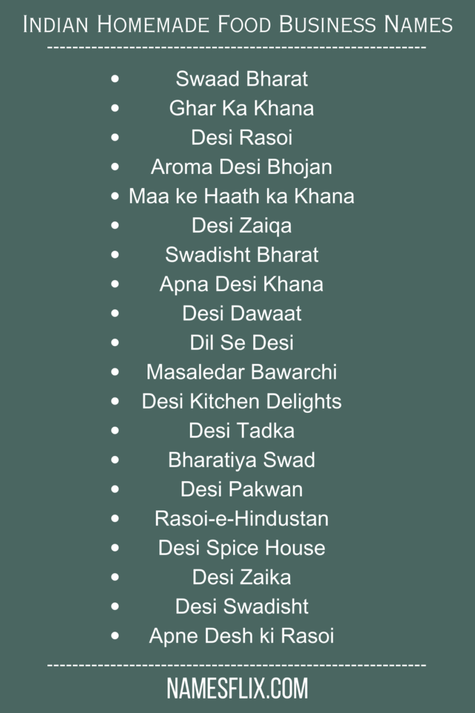 Indian Homemade Food Business Names List